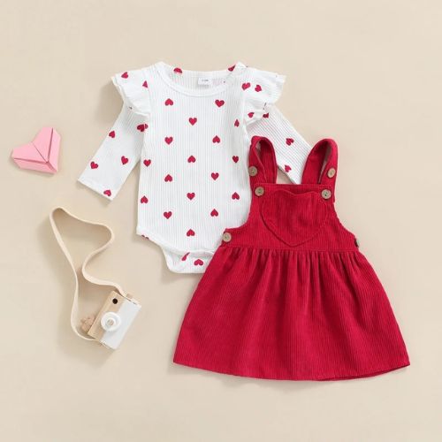 Adorable Heart Pattern Baby Girl Romper & Skirt Set