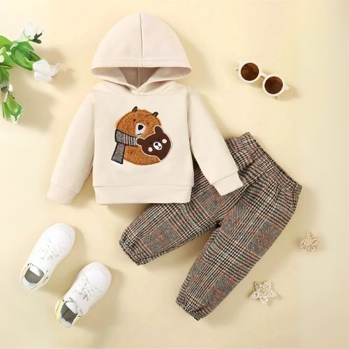 Cozy Bear Hoodie & Plaid Pants Set for Toddlers