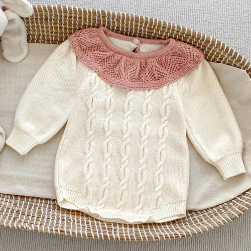 Cozy Knit Lotus Leaf Collar Baby Bodysuit