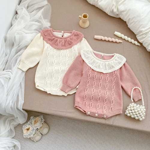 Cozy Knit Lotus Leaf Collar Baby Bodysuit