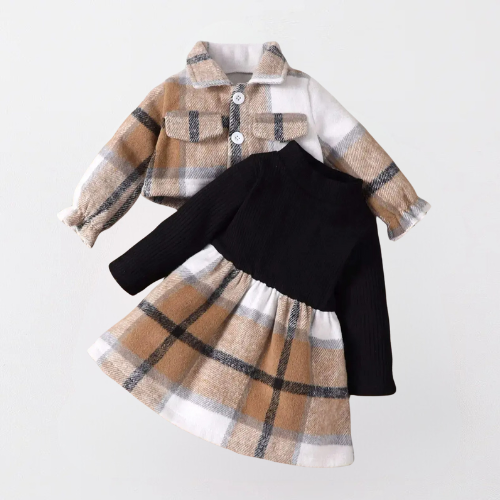 Chic Plaid Dress Set for Baby Girls - Cozy & Stylish