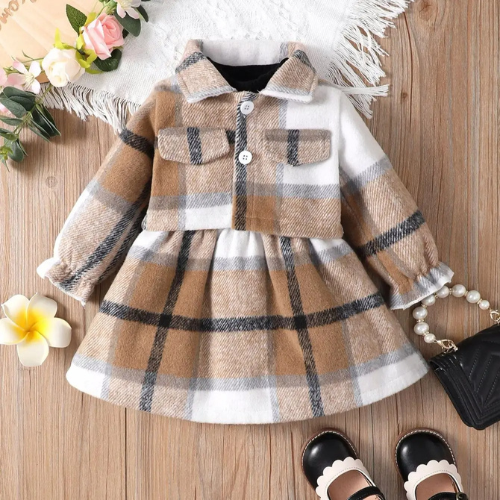 Chic Plaid Dress Set for Baby Girls - Cozy & Stylish