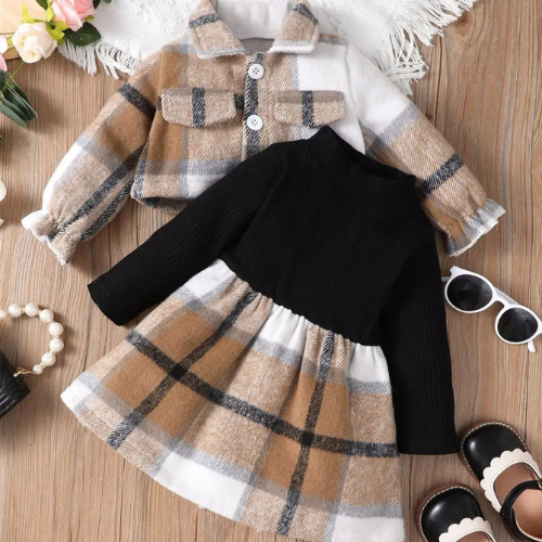 Chic Plaid Dress Set for Baby Girls - Cozy & Stylish