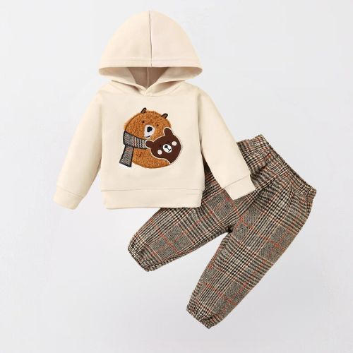 Cozy Bear Hoodie & Plaid Pants Set for Toddlers